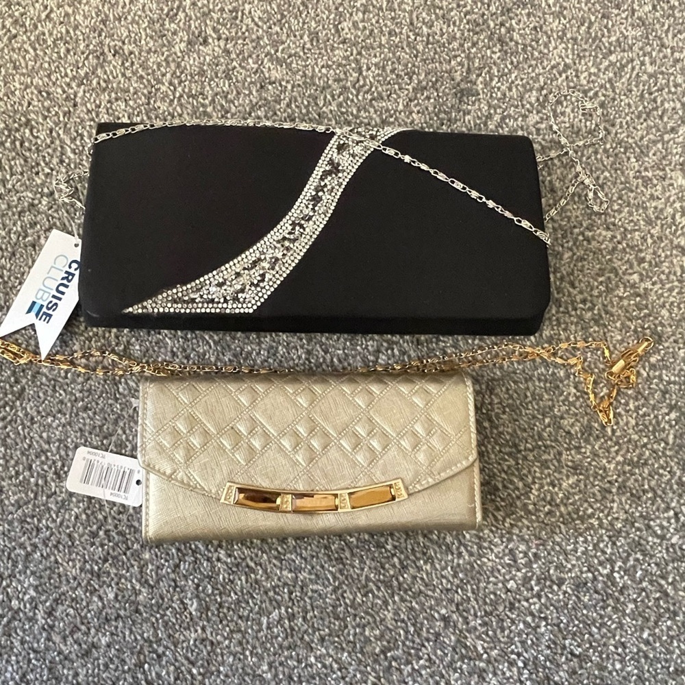 NWT! Lot of two fashion costume purses black/silver and gold clutch chain straps